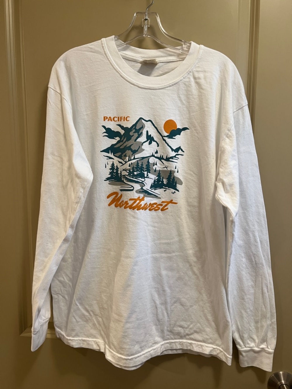 Comfort Colors White Long Sleeve Tee with Green and Orange Mountain Graphic